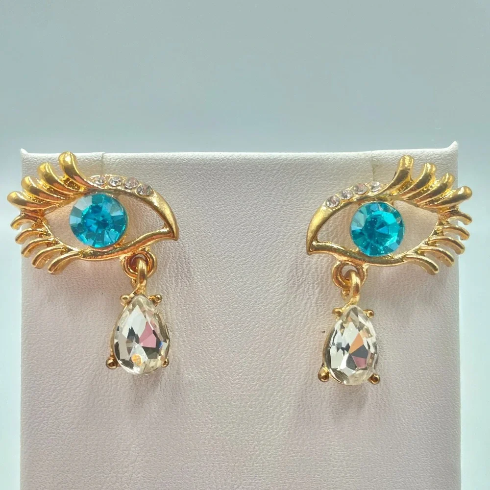Vintage Y2K Gold Tone Blue Evil Eye Teardrop Crystal Rhinestone Post Earrings